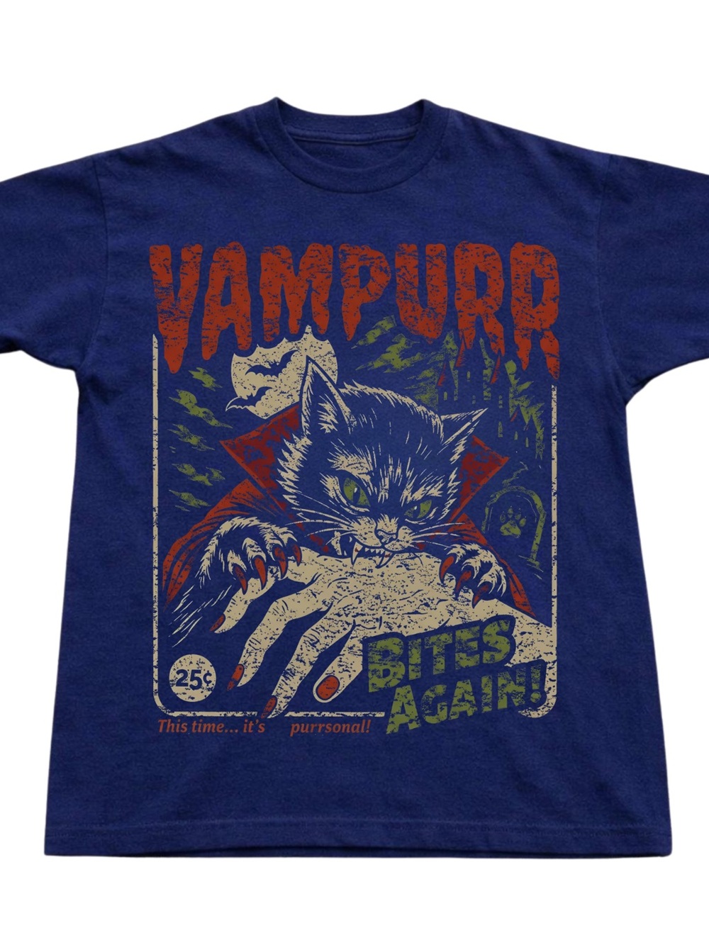 Vampurr Graphic Cat T-Shirt in Navy - Novelty Pets Cat Tee